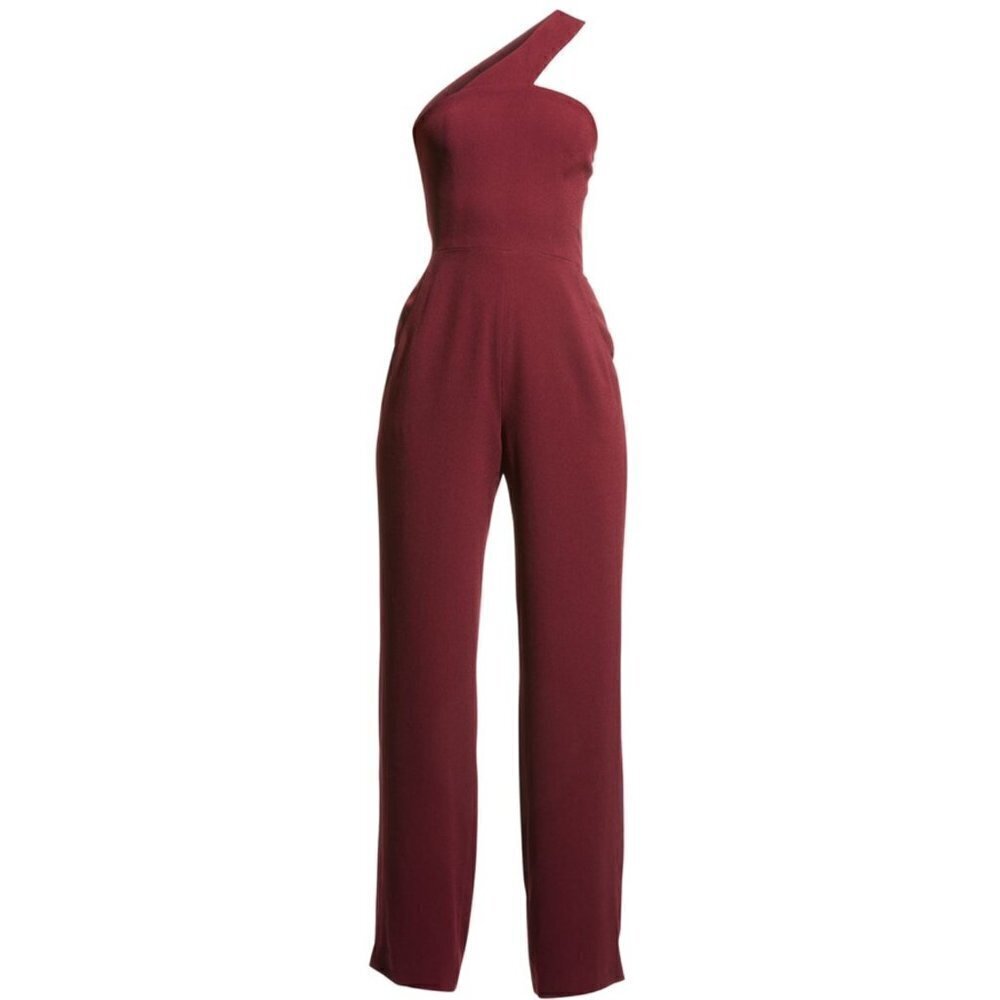 Dress The Population Filippa One-Shoulder Jumpsuit Size-X-Small-Color Burgundy - Picture 2 of 7